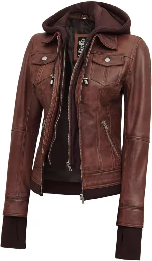 Decrum Hooded Leather Jacket Women - Real Lambskin Womens Leather Jacket with Removable Hood