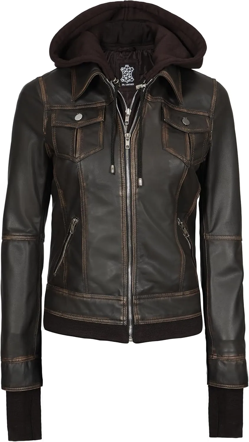 Decrum Hooded Leather Jacket Women - Real Lambskin Womens Leather Jacket with Removable Hood