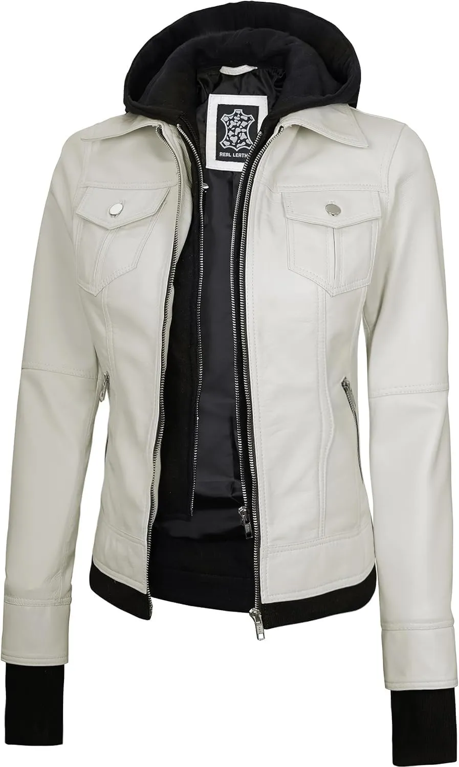 Decrum Hooded Leather Jacket Women - Real Lambskin Womens Leather Jacket with Removable Hood