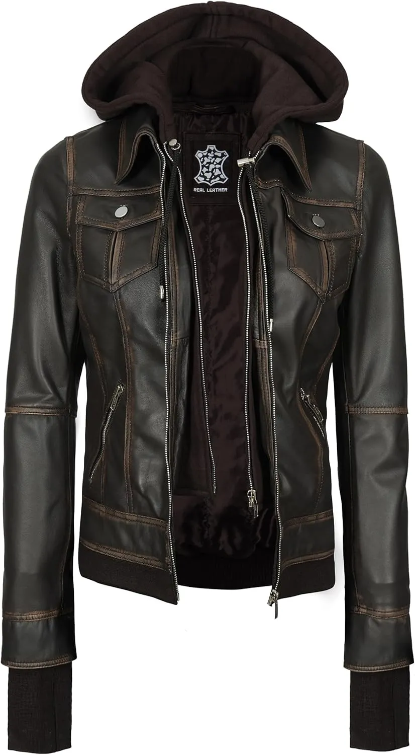 Decrum Hooded Leather Jacket Women - Real Lambskin Womens Leather Jacket with Removable Hood