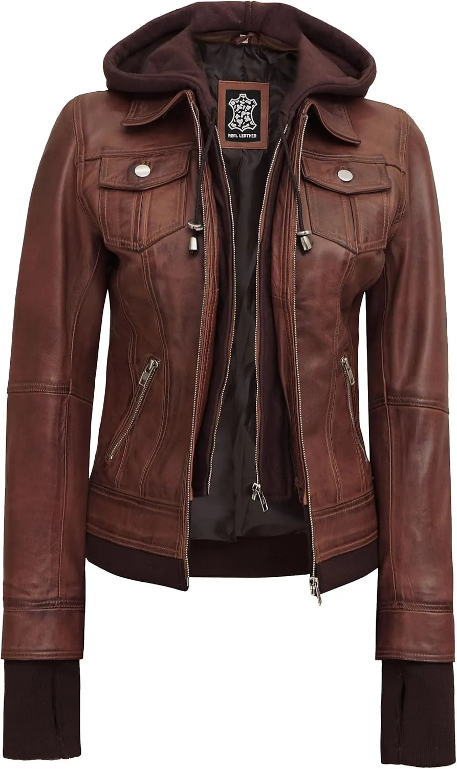 Decrum Hooded Leather Jacket Women - Real Lambskin Womens Leather Jacket with Removable Hood