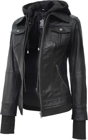 Decrum Hooded Leather Jacket Women - Real Lambskin Womens Leather Jacket with Removable Hood