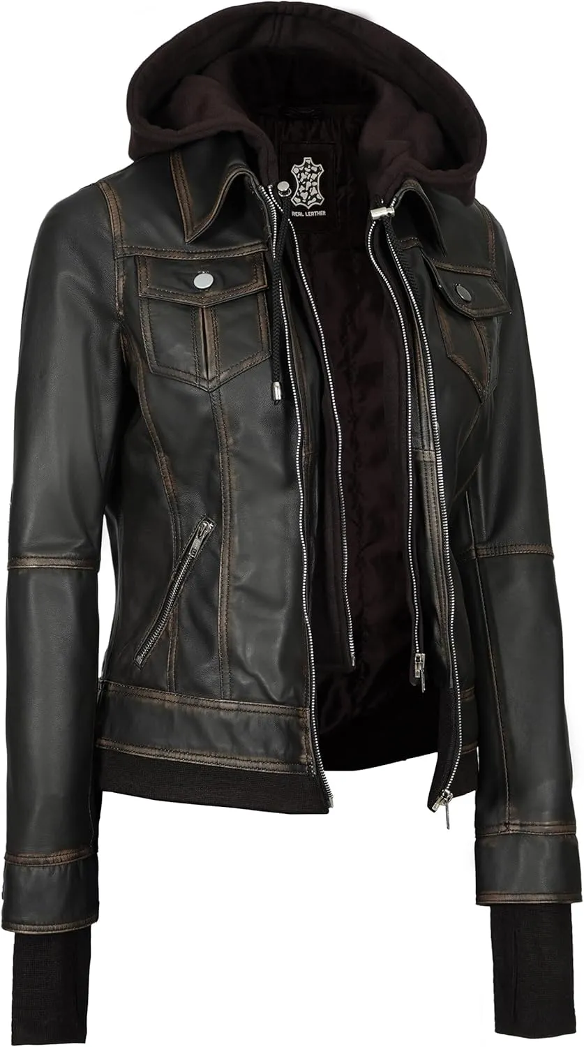 Decrum Hooded Leather Jacket Women - Real Lambskin Womens Leather Jacket with Removable Hood