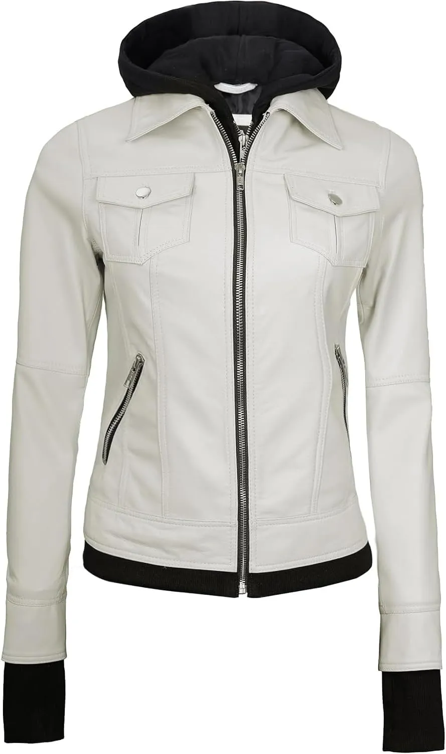 Decrum Hooded Leather Jacket Women - Real Lambskin Womens Leather Jacket with Removable Hood
