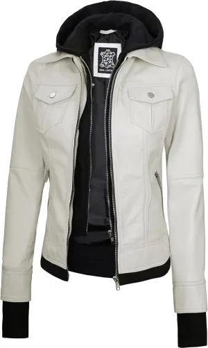 Decrum Hooded Leather Jacket Women - Real Lambskin Womens Leather Jacket with Removable Hood