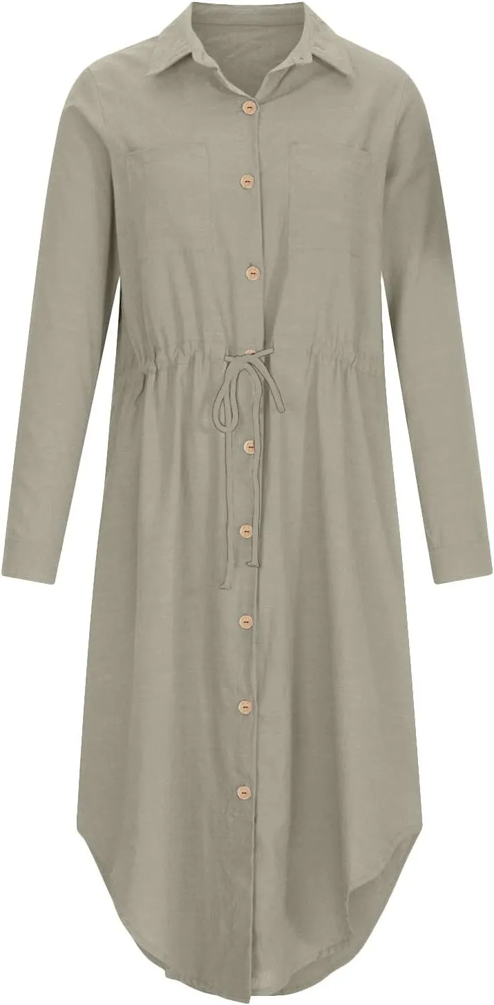 Dresses for Women Fall 2024 Plus Size Button Down Ankle Length Dresses Cotton Linen Empire Waist Maxi Long Dresses
