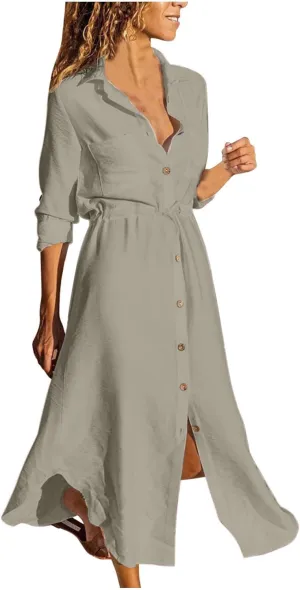 Dresses for Women Fall 2024 Plus Size Button Down Ankle Length Dresses Cotton Linen Empire Waist Maxi Long Dresses