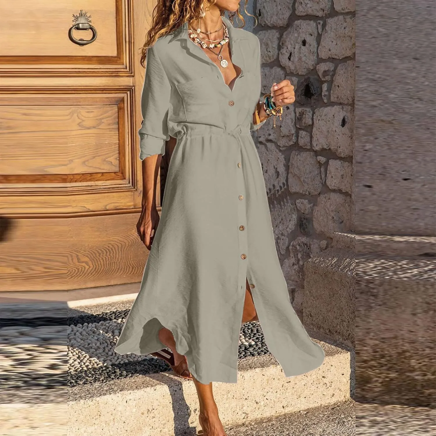 Dresses for Women Fall 2024 Plus Size Button Down Ankle Length Dresses Cotton Linen Empire Waist Maxi Long Dresses