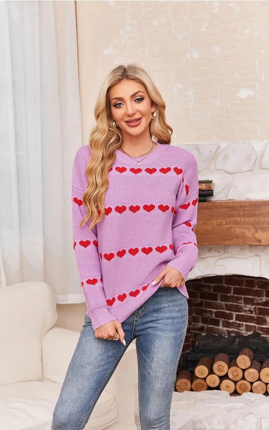 ECOWISH Women Valentine Heart Sweater V Neck Embroidery Knit Loose Casual Long Sleeve Ribbed Pullover Sweaters
