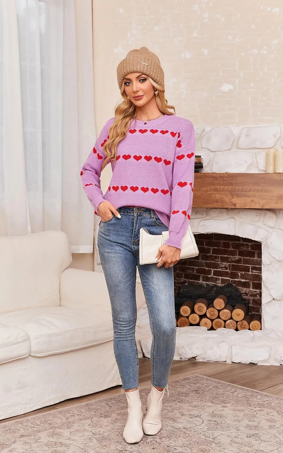 ECOWISH Women Valentine Heart Sweater V Neck Embroidery Knit Loose Casual Long Sleeve Ribbed Pullover Sweaters