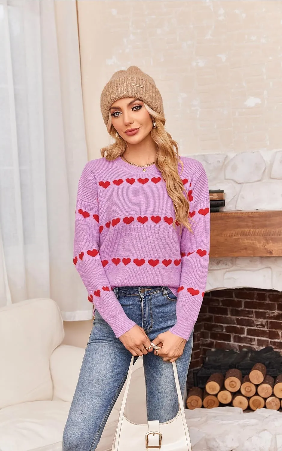 ECOWISH Women Valentine Heart Sweater V Neck Embroidery Knit Loose Casual Long Sleeve Ribbed Pullover Sweaters