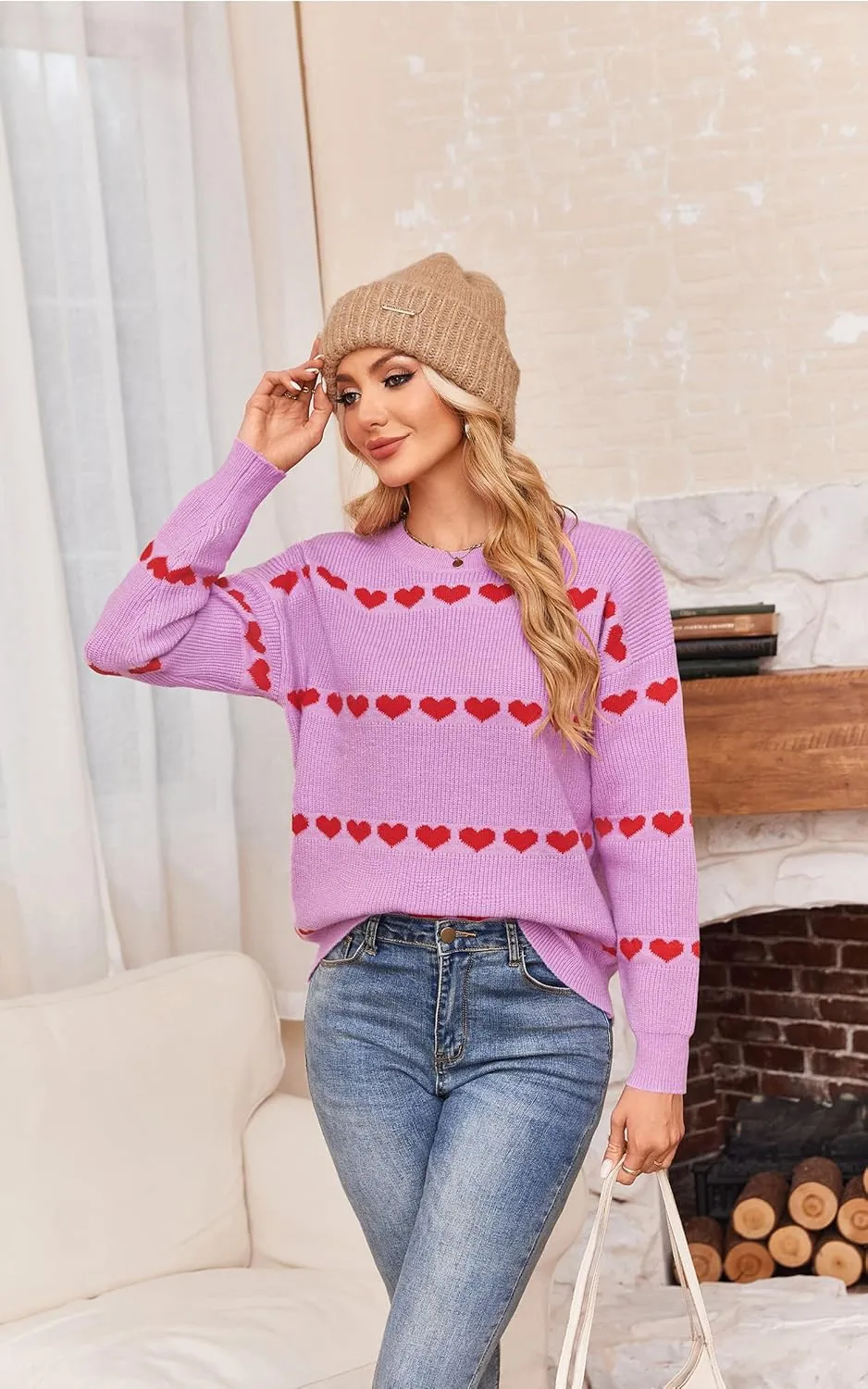 ECOWISH Women Valentine Heart Sweater V Neck Embroidery Knit Loose Casual Long Sleeve Ribbed Pullover Sweaters
