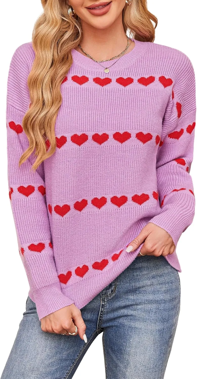 ECOWISH Women Valentine Heart Sweater V Neck Embroidery Knit Loose Casual Long Sleeve Ribbed Pullover Sweaters