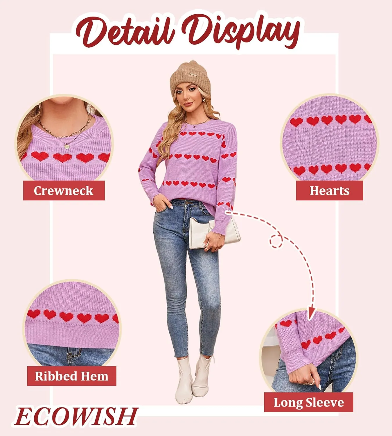 ECOWISH Women Valentine Heart Sweater V Neck Embroidery Knit Loose Casual Long Sleeve Ribbed Pullover Sweaters