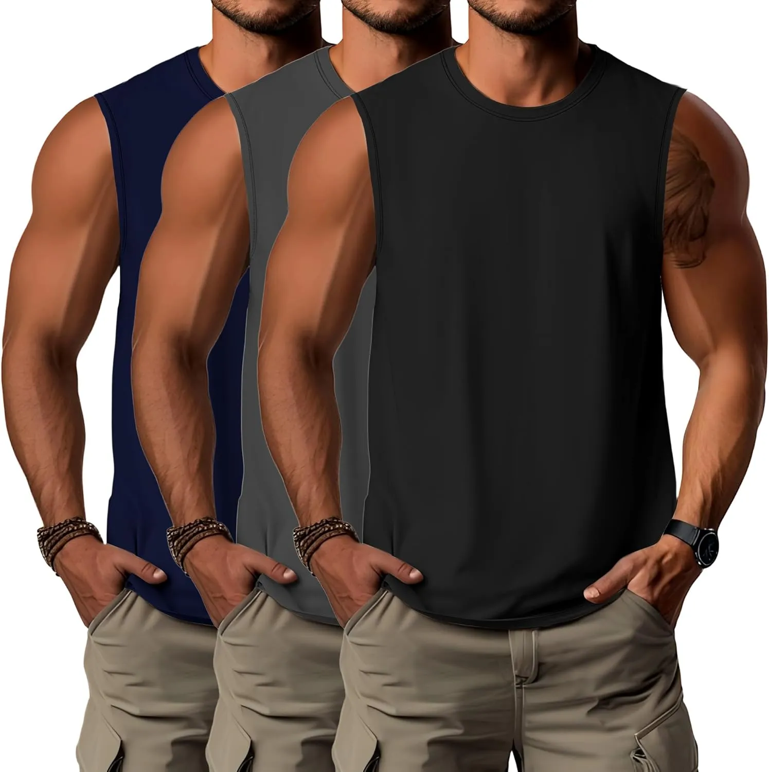 Ficerd 3 Pack Men's Big Tall Tank Tops, Cotton Moisture Wicking Muscle Shirts Sleeveless Solid Color Basic Tee Shirts