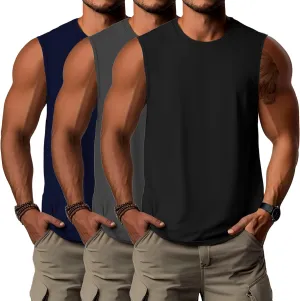 Ficerd 3 Pack Men's Big Tall Tank Tops, Cotton Moisture Wicking Muscle Shirts Sleeveless Solid Color Basic Tee Shirts