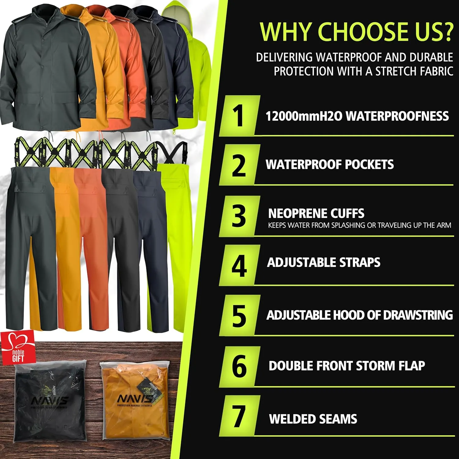 FWG Workwear Hi Vis Waterproof Jacket & Bib Pants Combo - Men's Rain Suit, Stretchable & Durable