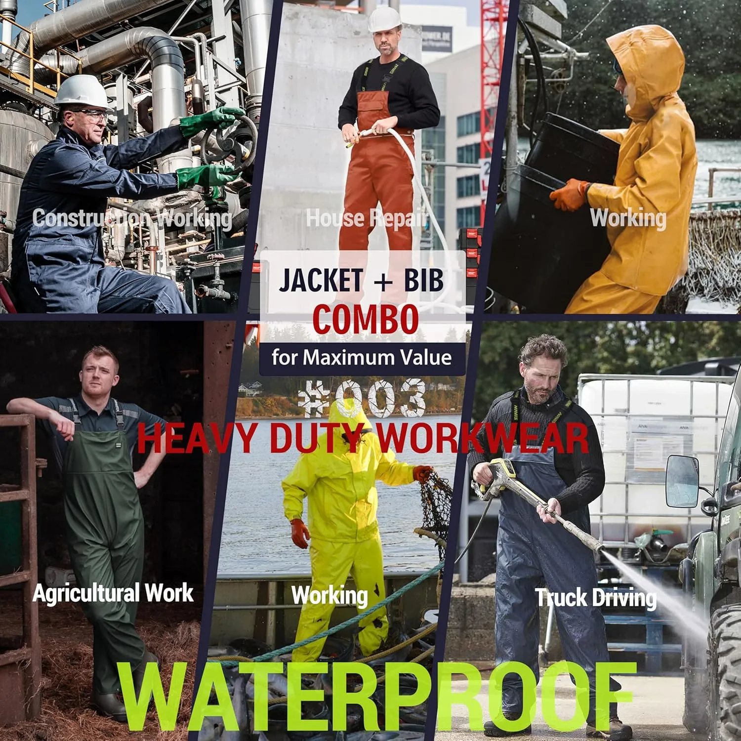 FWG Workwear Hi Vis Waterproof Jacket & Bib Pants Combo - Men's Rain Suit, Stretchable & Durable