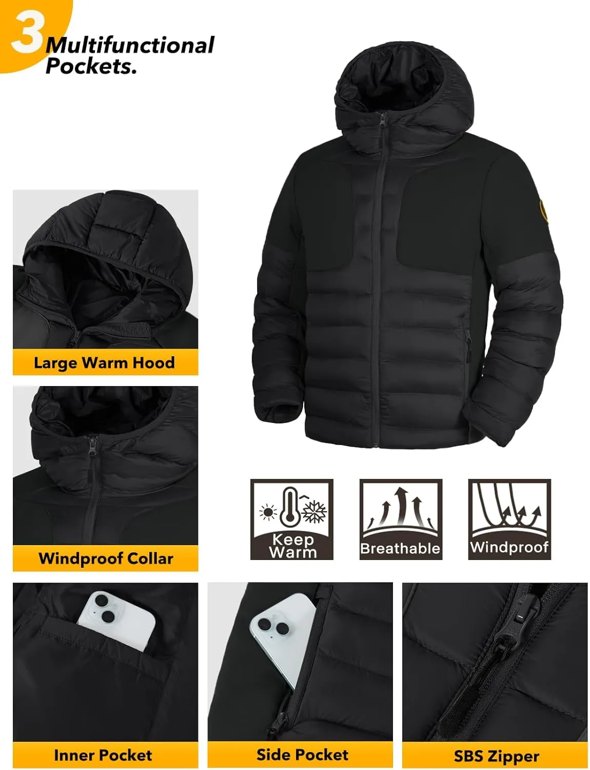 GEMYSE Men's Lightweight Winter Windproof Puffer Coats Warm Insulated Jacket with Hood
