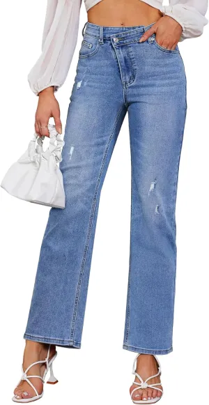 Genleck Women's Blue High Waisted Crossover Jeans - Wide Leg, Stretchable, Casual Denim Pants