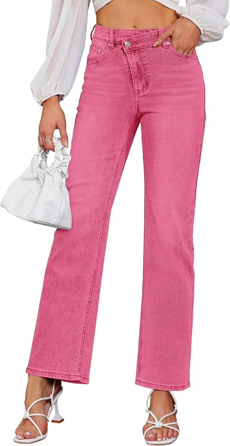 Genleck Women's Blue High Waisted Crossover Jeans - Wide Leg, Stretchable, Casual Denim Pants