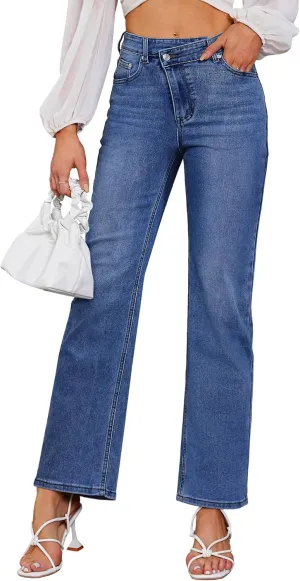 Genleck Women's Blue High Waisted Crossover Jeans - Wide Leg, Stretchable, Casual Denim Pants