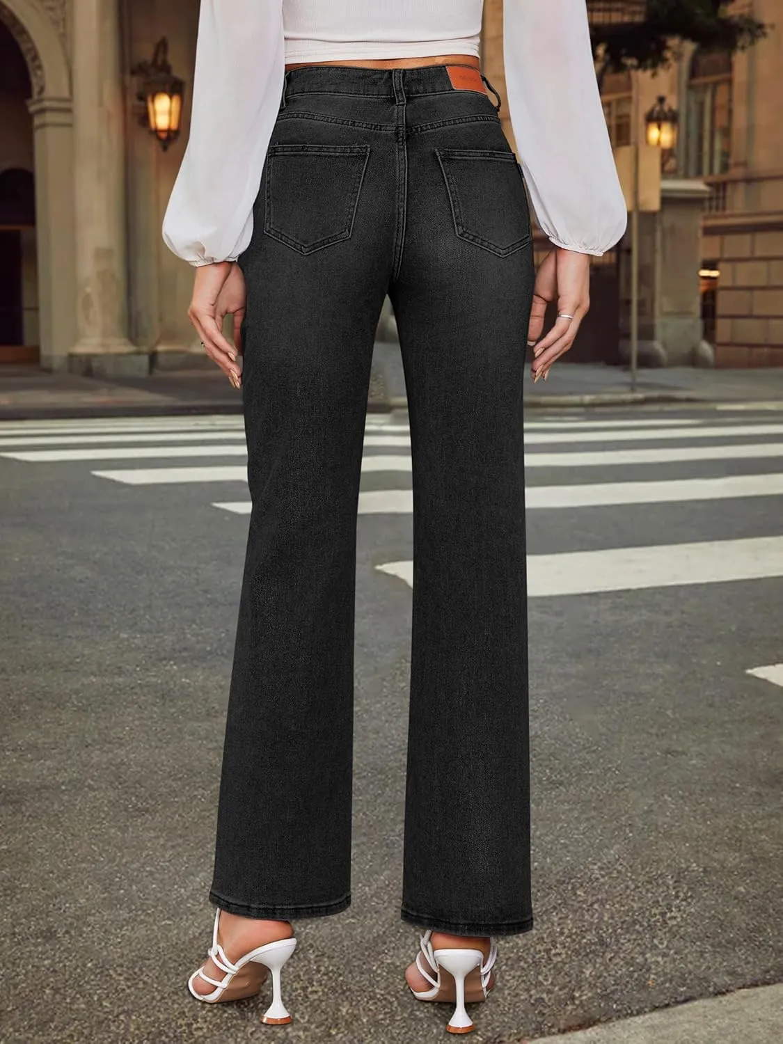 Genleck Women's Blue High Waisted Crossover Jeans - Wide Leg, Stretchable, Casual Denim Pants