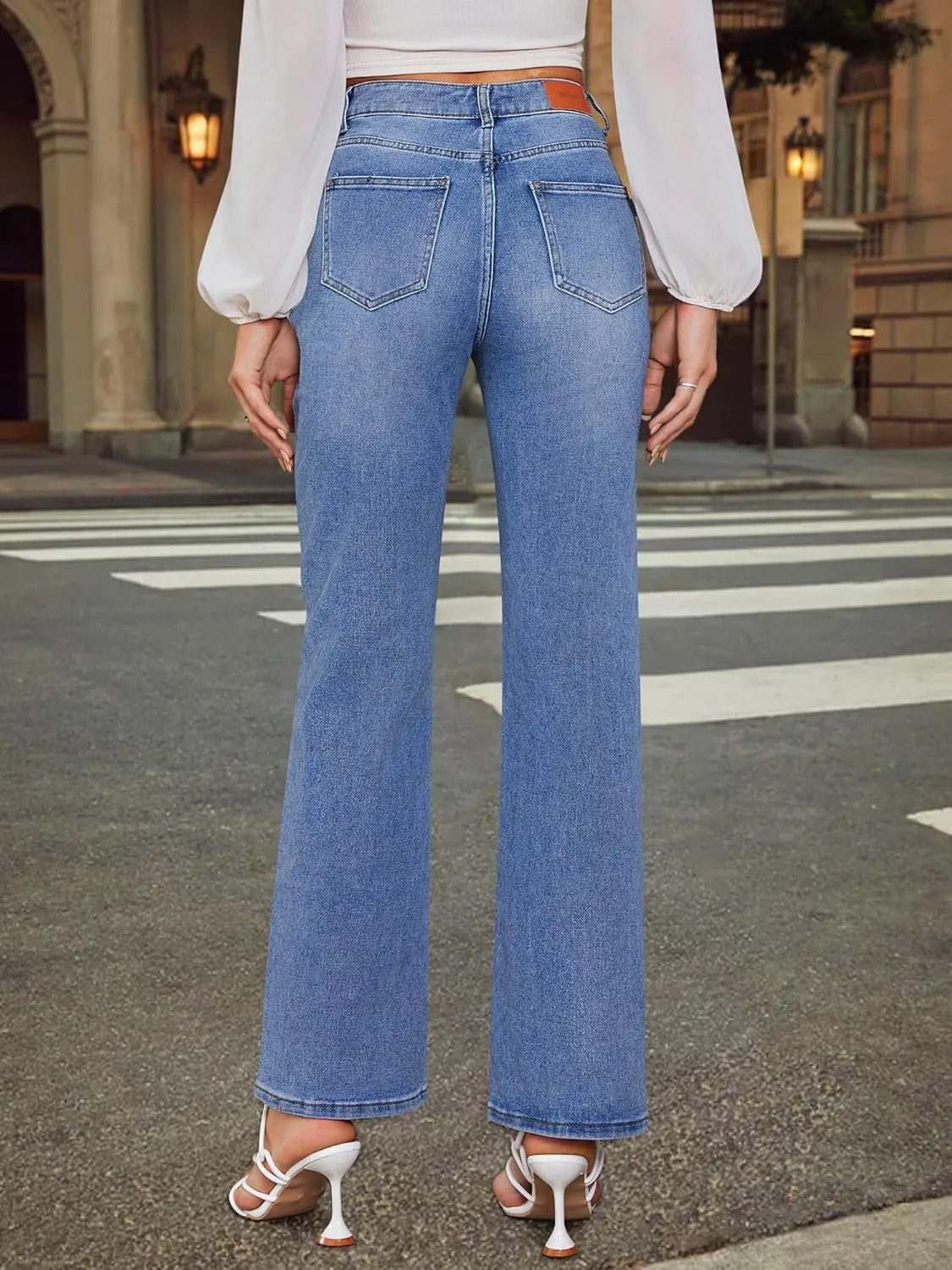 Genleck Women's Blue High Waisted Crossover Jeans - Wide Leg, Stretchable, Casual Denim Pants