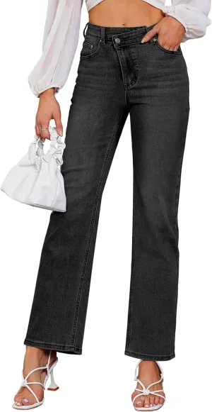 Genleck Women's Blue High Waisted Crossover Jeans - Wide Leg, Stretchable, Casual Denim Pants