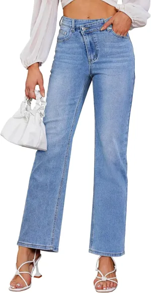 Genleck Women's Blue High Waisted Crossover Jeans - Wide Leg, Stretchable, Casual Denim Pants