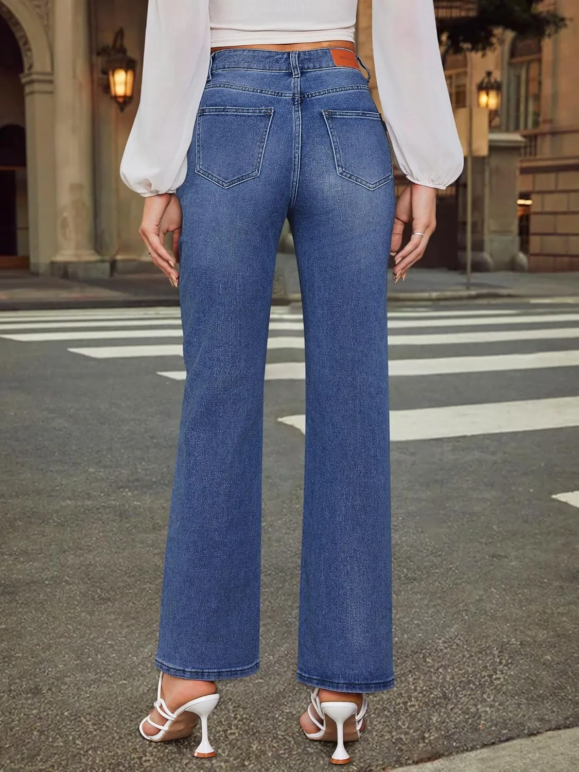 Genleck Women's Blue High Waisted Crossover Jeans - Wide Leg, Stretchable, Casual Denim Pants