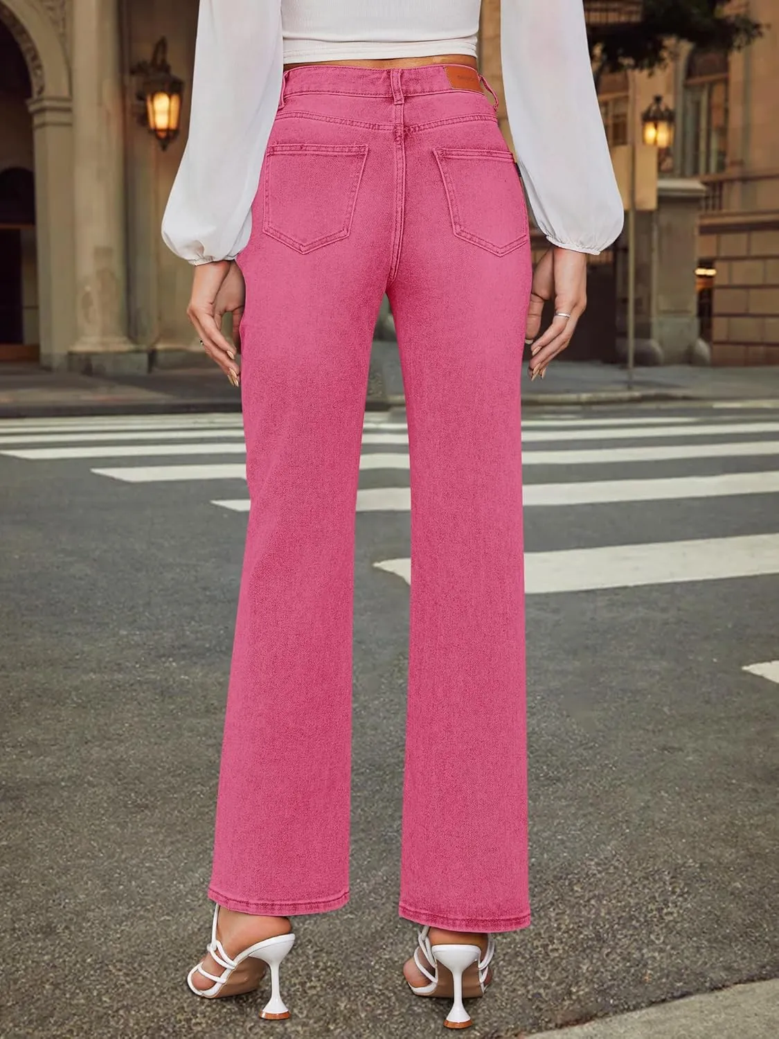 Genleck Women's Blue High Waisted Crossover Jeans - Wide Leg, Stretchable, Casual Denim Pants