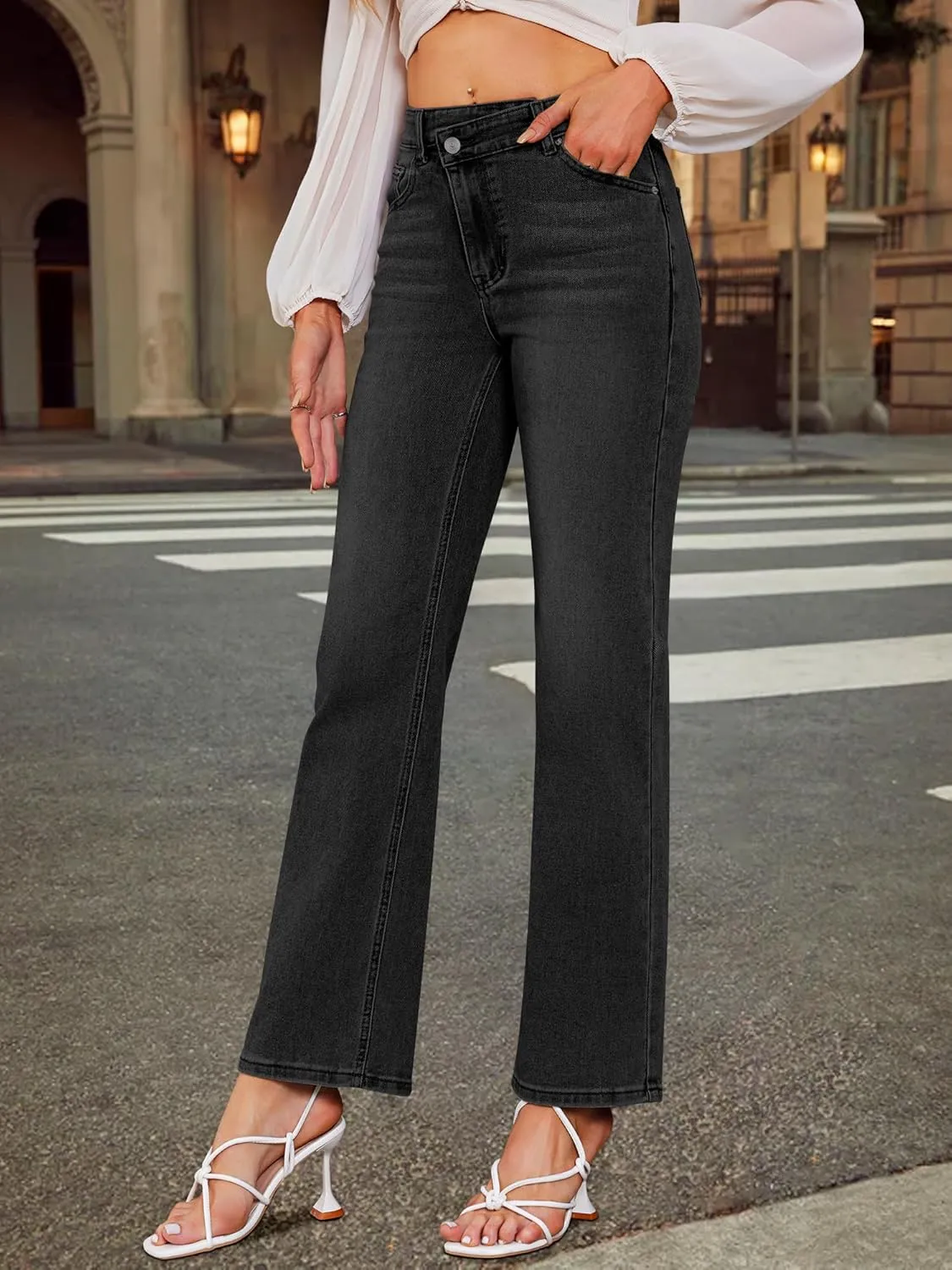 Genleck Women's Blue High Waisted Crossover Jeans - Wide Leg, Stretchable, Casual Denim Pants