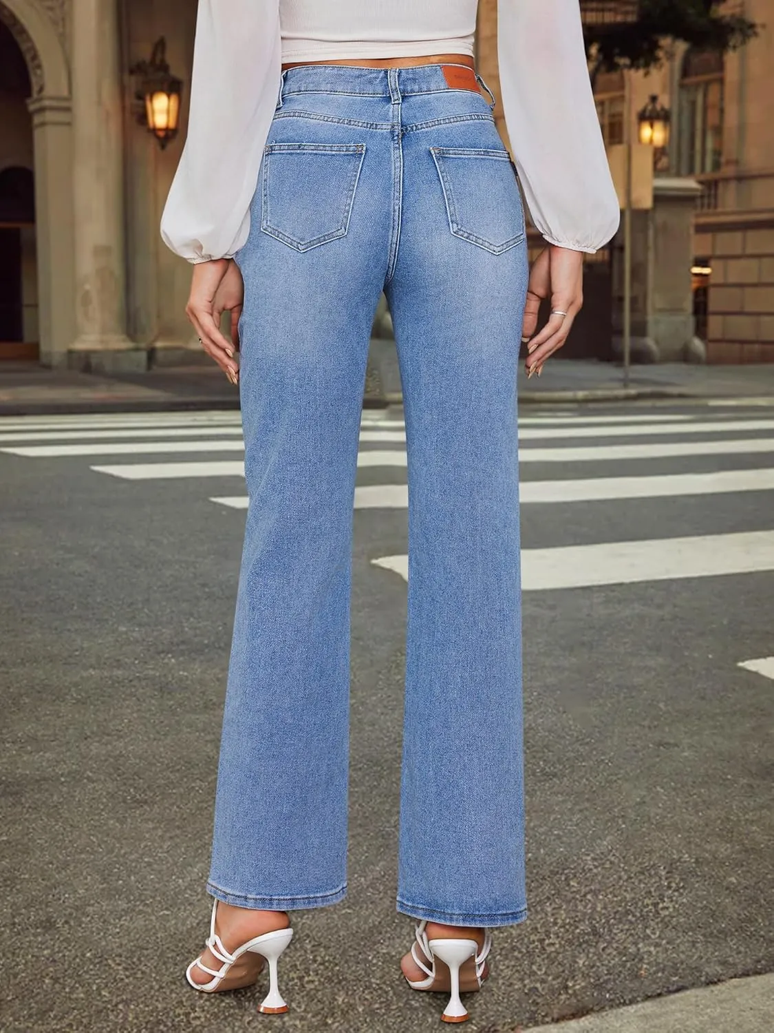 Genleck Women's Blue High Waisted Crossover Jeans - Wide Leg, Stretchable, Casual Denim Pants