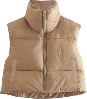 HengShunRui Women Winter Cropped Puffer Vest Sleeveless Cotton Padded Gilet Coat Lightweight Warm Outwear
