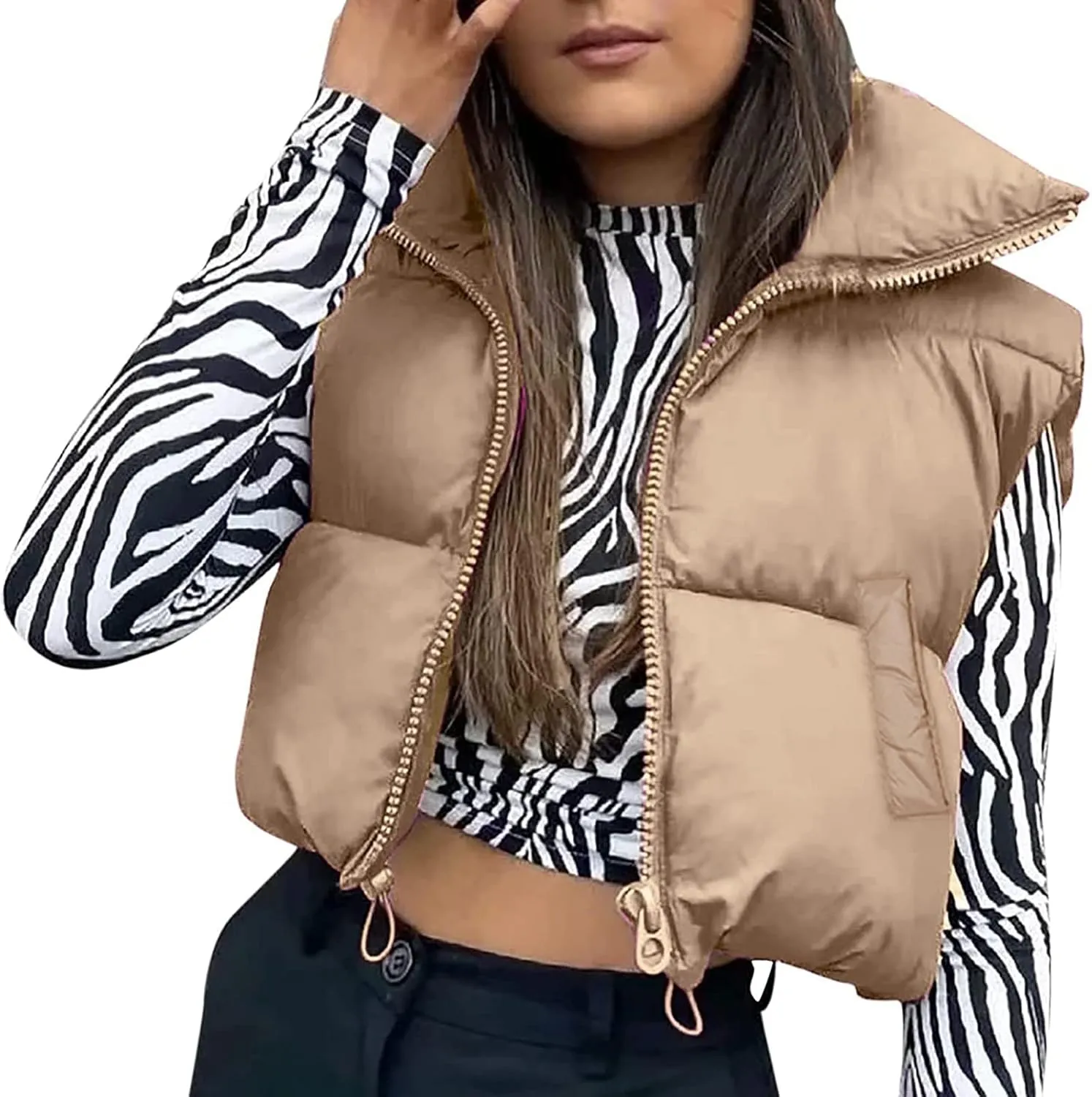 HengShunRui Women Winter Cropped Puffer Vest Sleeveless Cotton Padded Gilet Coat Lightweight Warm Outwear