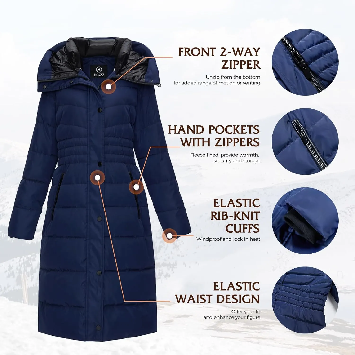 IKAZZ Women's Winter Coats, Thickened Warm Insulated Vegan Down Long Parka Jacket with Hood