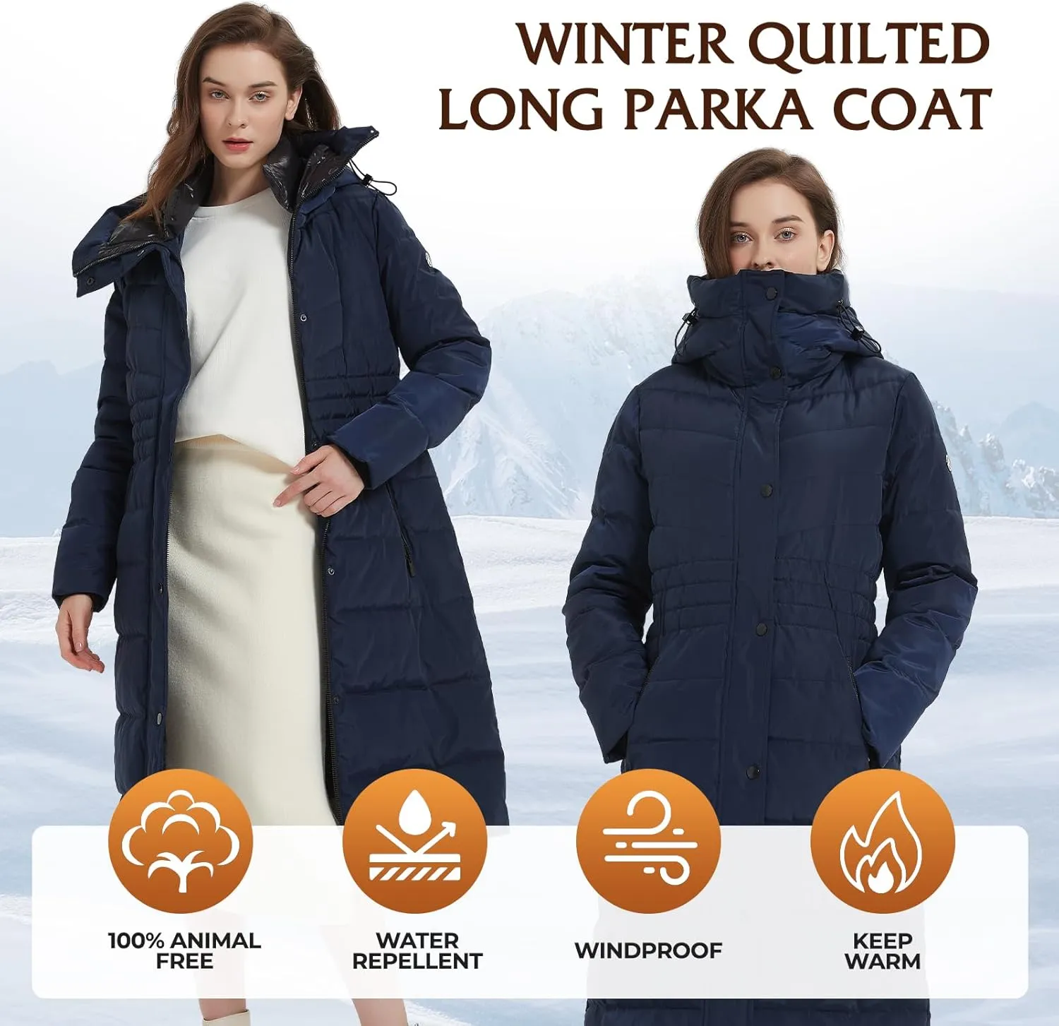 IKAZZ Women's Winter Coats, Thickened Warm Insulated Vegan Down Long Parka Jacket with Hood