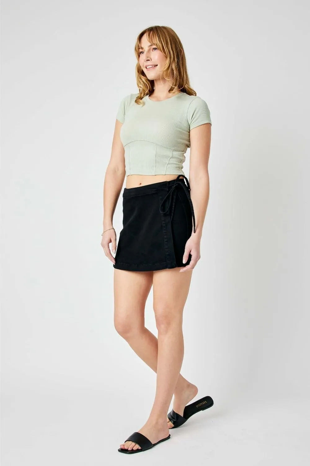 Judy Bue Black Denim Skort for Women- Stretchable Skirt Sarong Wrap Style, Stretchy Cotton Blend 2828-SMALL