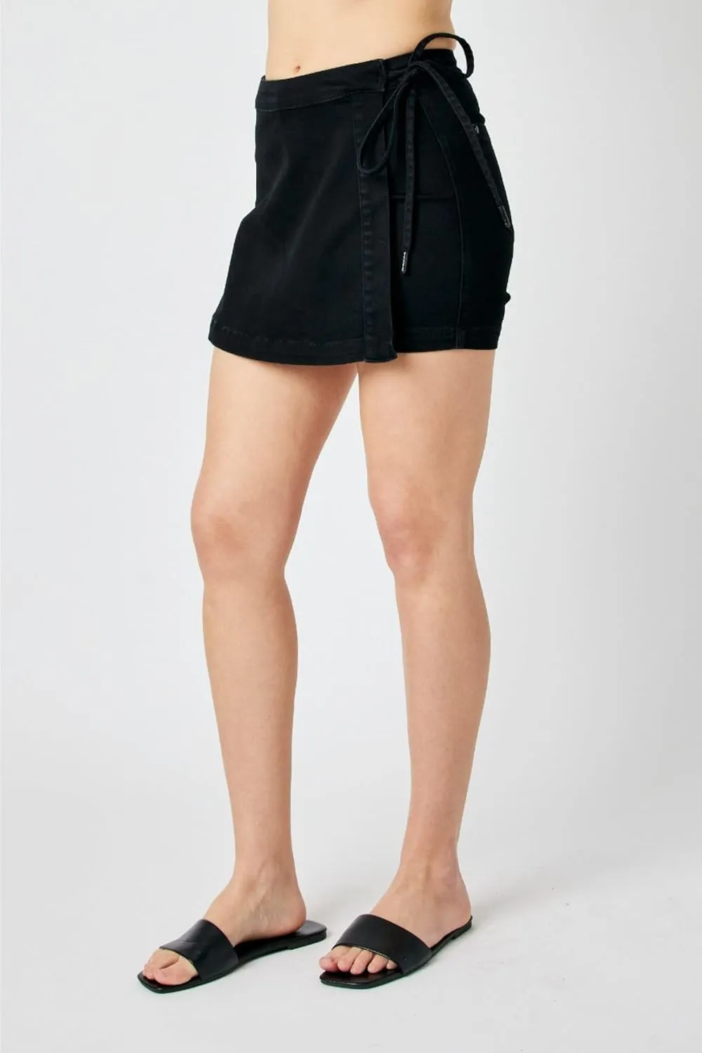 Judy Bue Black Denim Skort for Women- Stretchable Skirt Sarong Wrap Style, Stretchy Cotton Blend 2828-SMALL