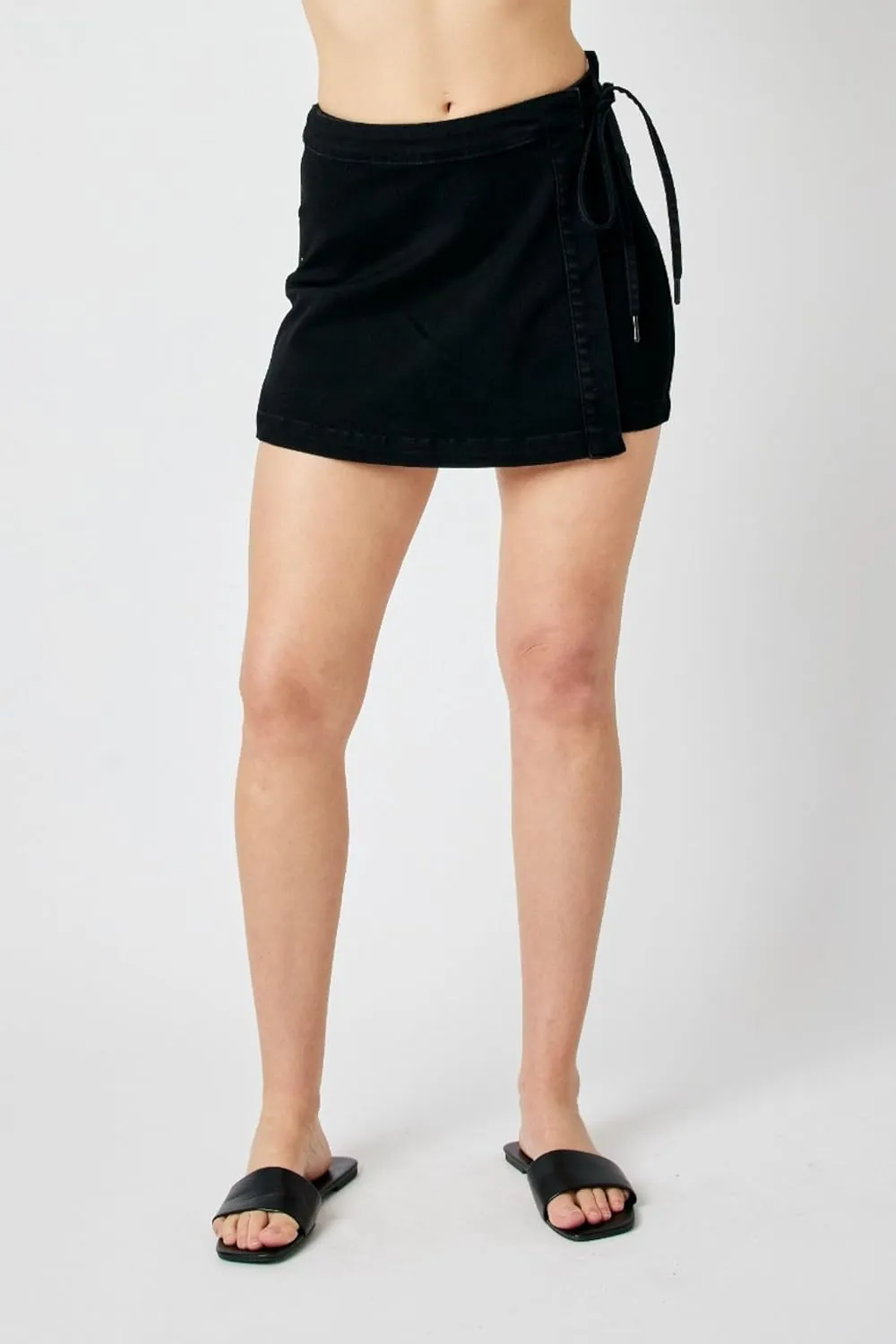 Judy Bue Black Denim Skort for Women- Stretchable Skirt Sarong Wrap Style, Stretchy Cotton Blend 2828-SMALL