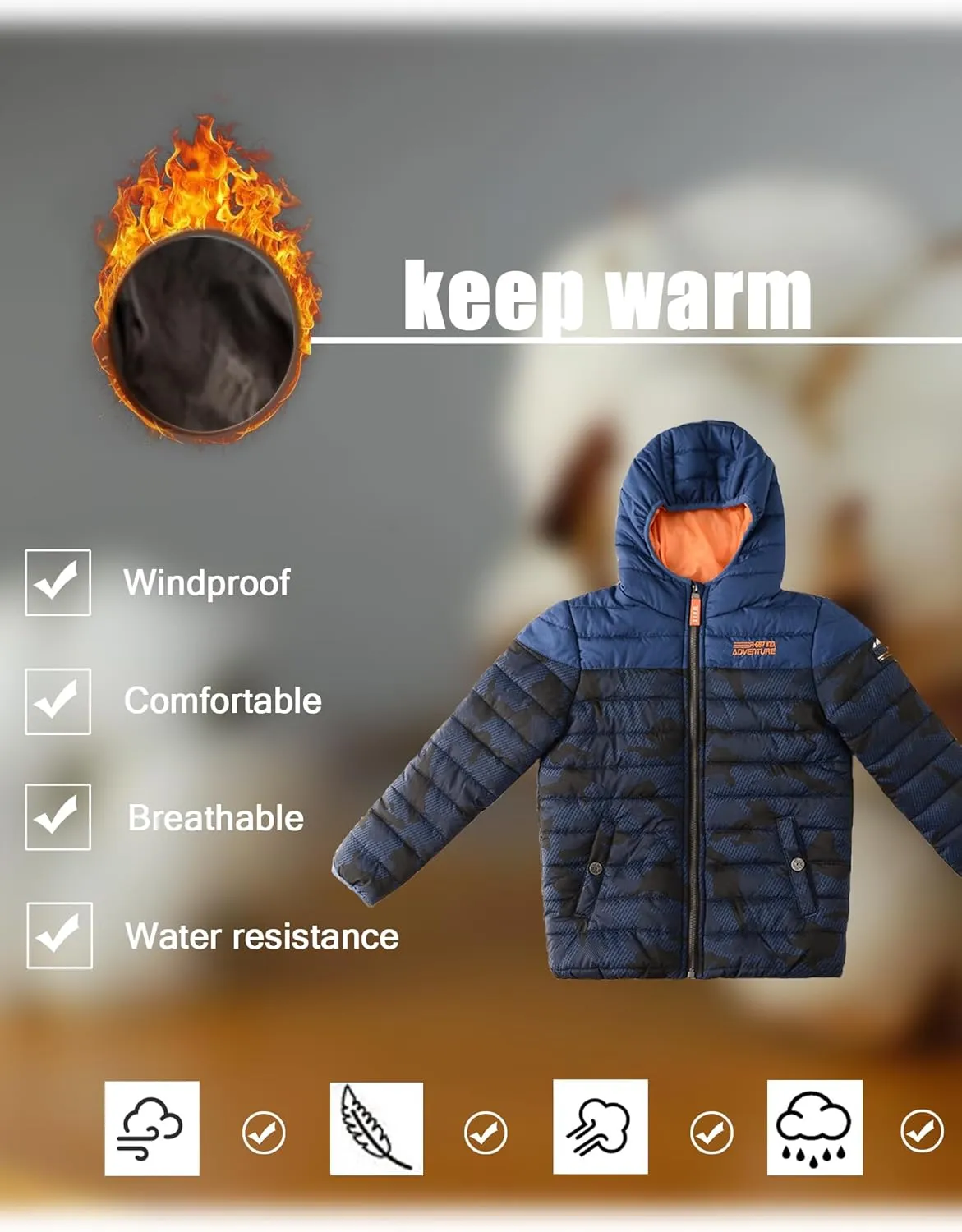 Lansbojun Hooded Puffer Jacket for Boys Lightweight Water-resistant Kids Clothes Winter Coat