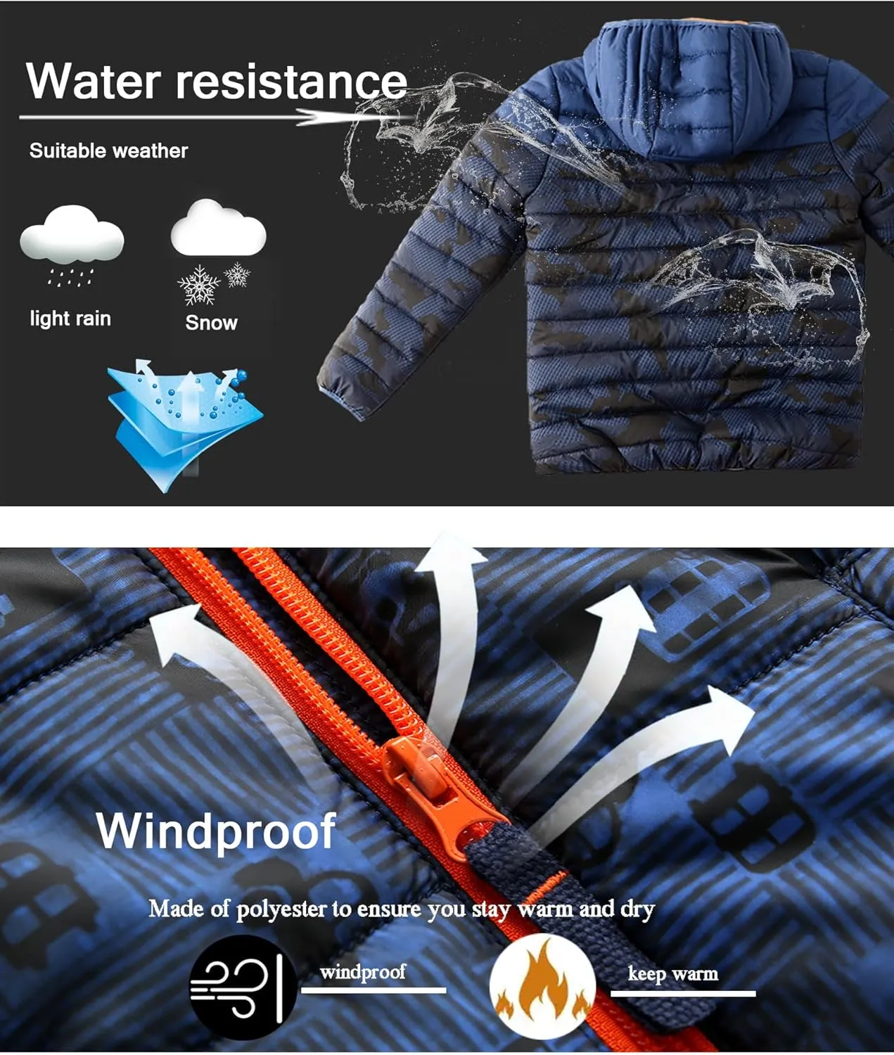 Lansbojun Hooded Puffer Jacket for Boys Lightweight Water-resistant Kids Clothes Winter Coat