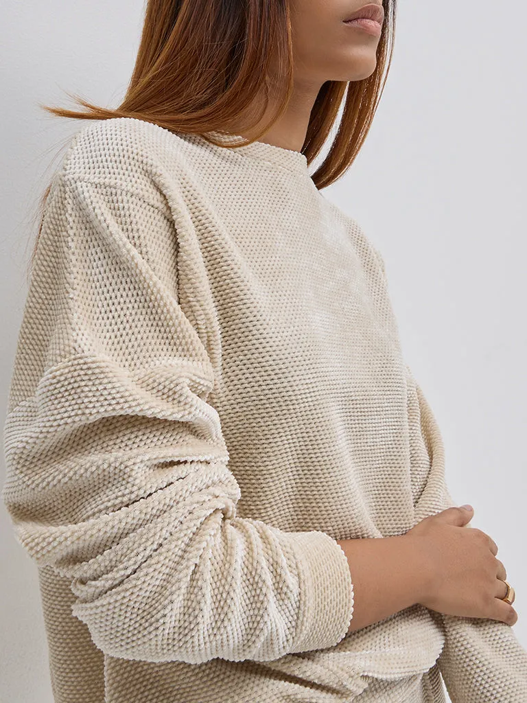 LOV Beige Self Patterned Velveteen Sweatshirt