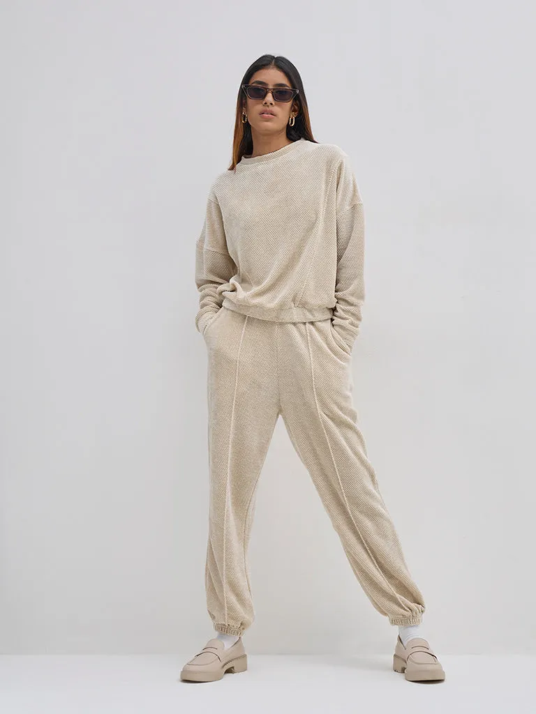 LOV Beige Self Patterned Velveteen Sweatshirt