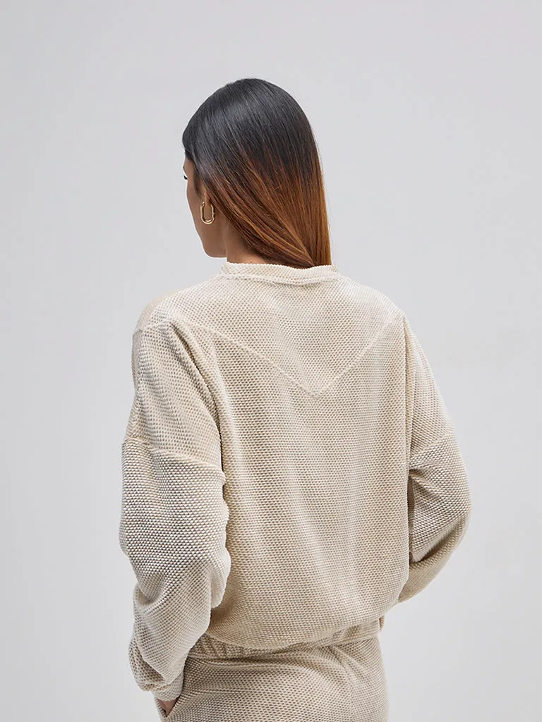 LOV Beige Self Patterned Velveteen Sweatshirt
