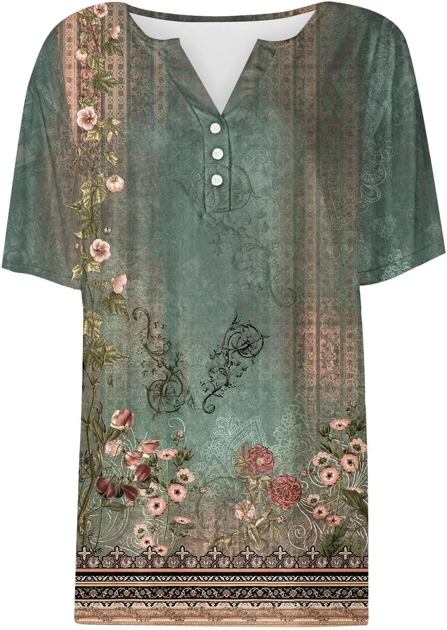 LRMQS Summer Tops for Women 2025 Vacation Trendy Short Sleeve V Neck T Shirts Casual Loose Fit Tunic Spring Boho Clothes Tees