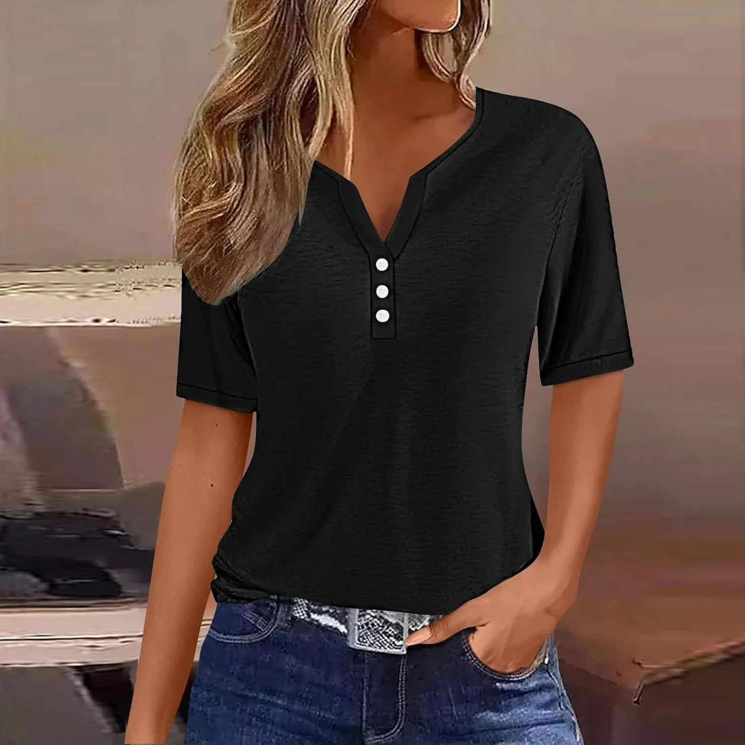 LRMQS Summer Tops for Women 2025 Vacation Trendy Short Sleeve V Neck T Shirts Casual Loose Fit Tunic Spring Boho Clothes Tees