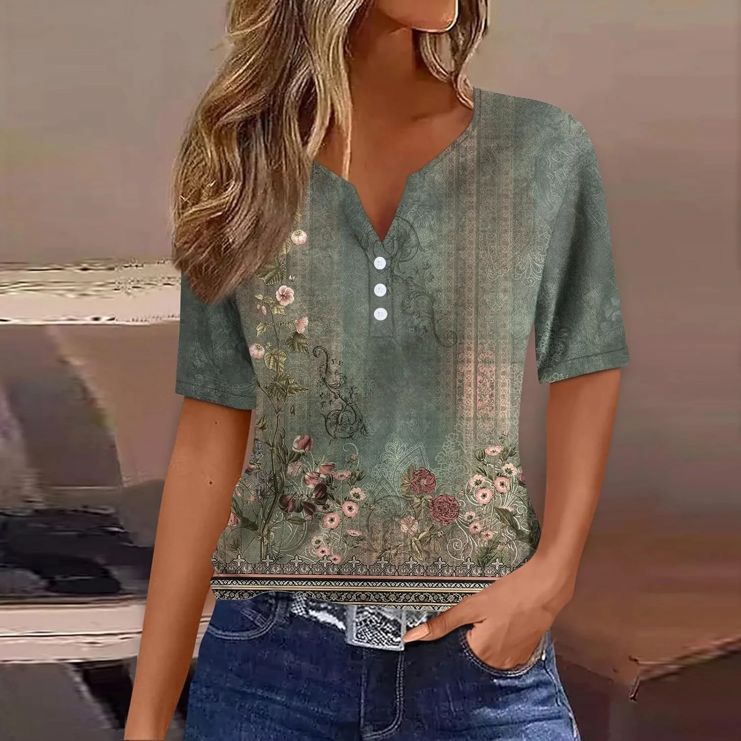 LRMQS Summer Tops for Women 2025 Vacation Trendy Short Sleeve V Neck T Shirts Casual Loose Fit Tunic Spring Boho Clothes Tees