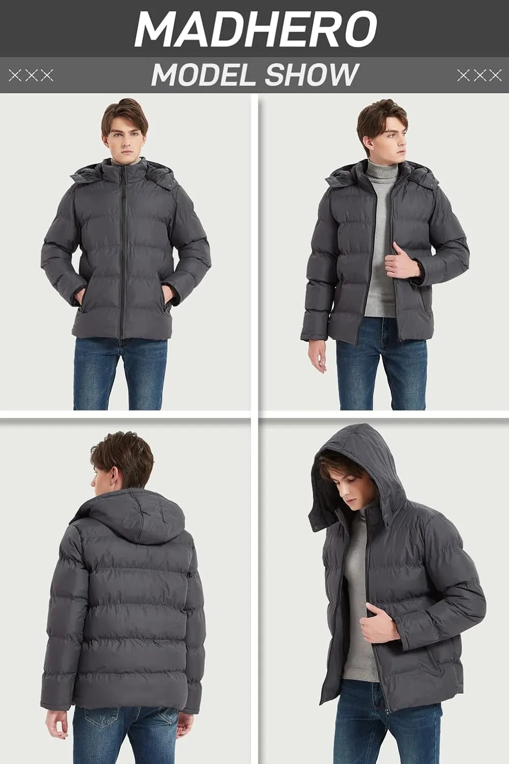 MADHERO Men's Puffer Jacket Water-Resistant Insulated Down Alternative Outerwear Coats